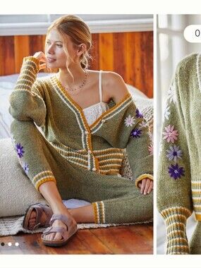Anthropologie RAGA Cottagecore Embroidered Floral Olive Cardigan Sweater